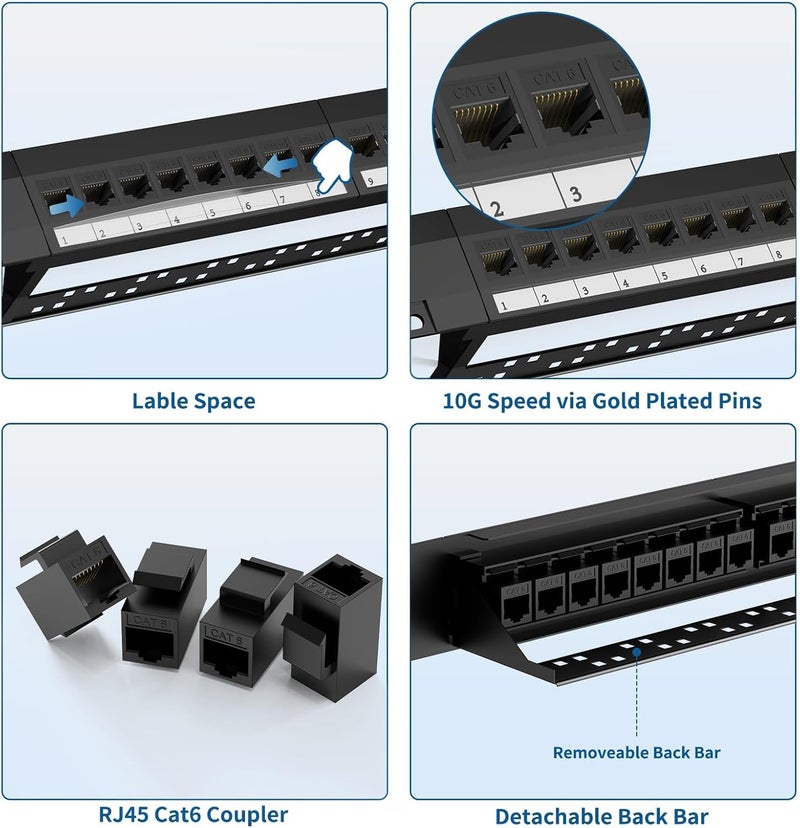 CableGeeker لوحة توصيل Cat6 24 منفذ مع كاستان داخلي، دعم Ethernet 10G، لوحة توصيل شبكة UTP 19 بوصة مع شريط خلفي قابل للإزالة، متوافقة مع Cat6 و Cat5e و Cat5 لتوصيلات الرف - Image 5